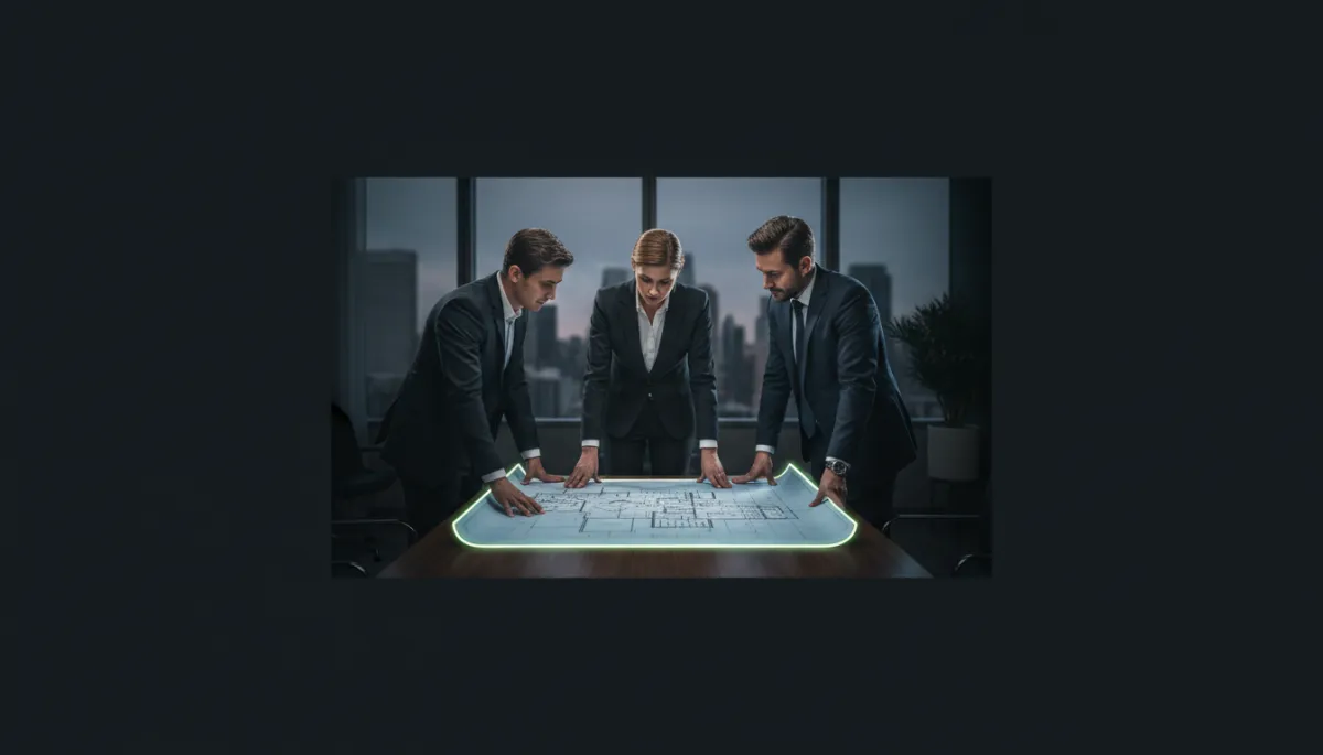 Professional investors discussing a blueprint